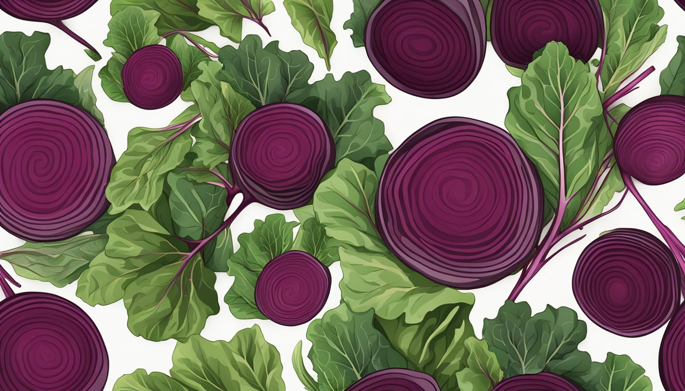 Fresh beet greens arranged in a circular pattern with beet leaf chips scattered around. A variety of leaf sizes and colors, with a mix of green and purple hues