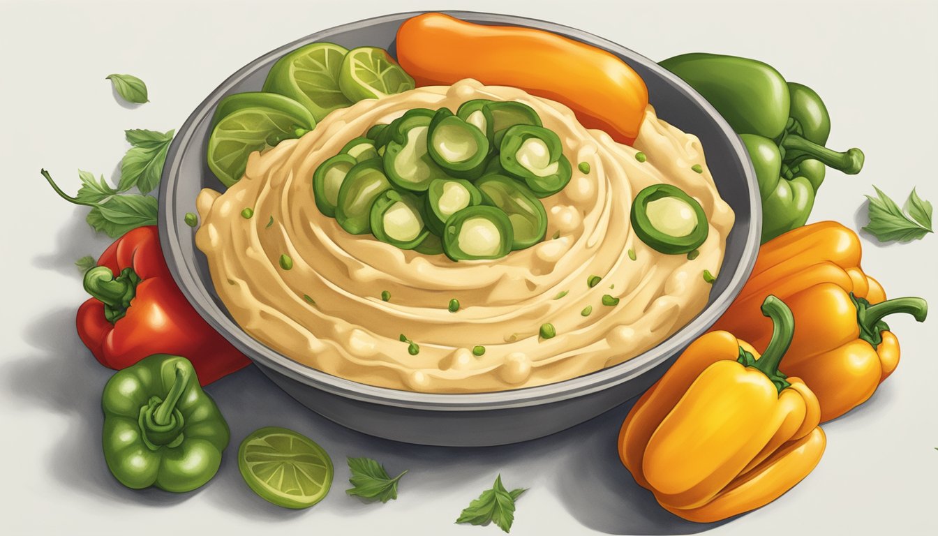 A bell pepper core surrounded by dollops of hummus