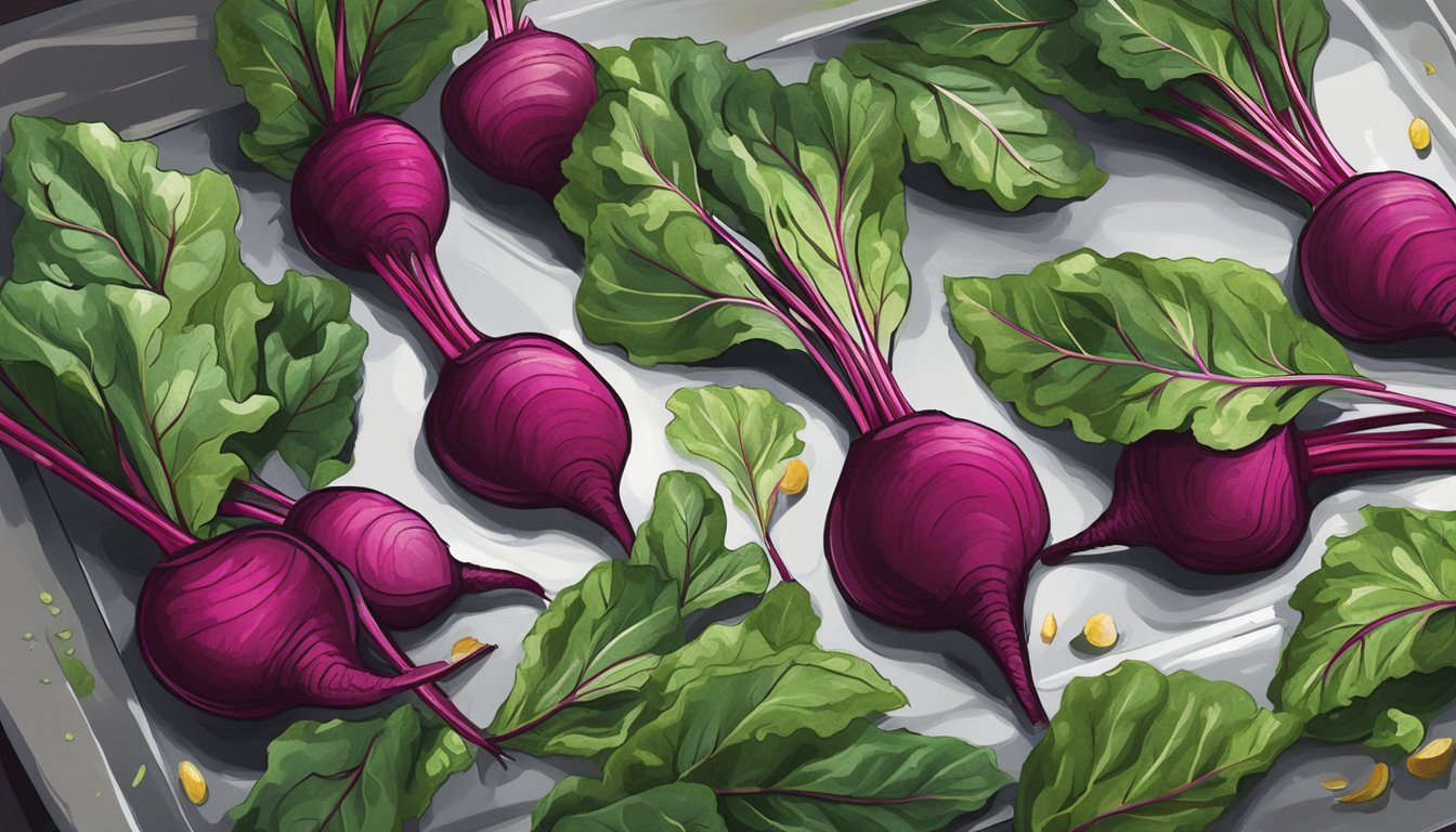 Beet leaves laid out on a baking sheet, brushed with oil and sprinkled with seasoning, ready to be placed in the oven