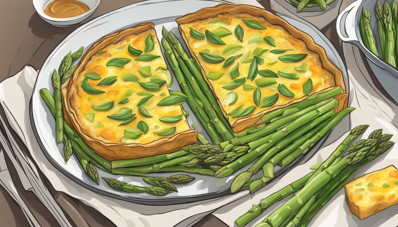 A sizzling frittata surrounded by vibrant green asparagus spears