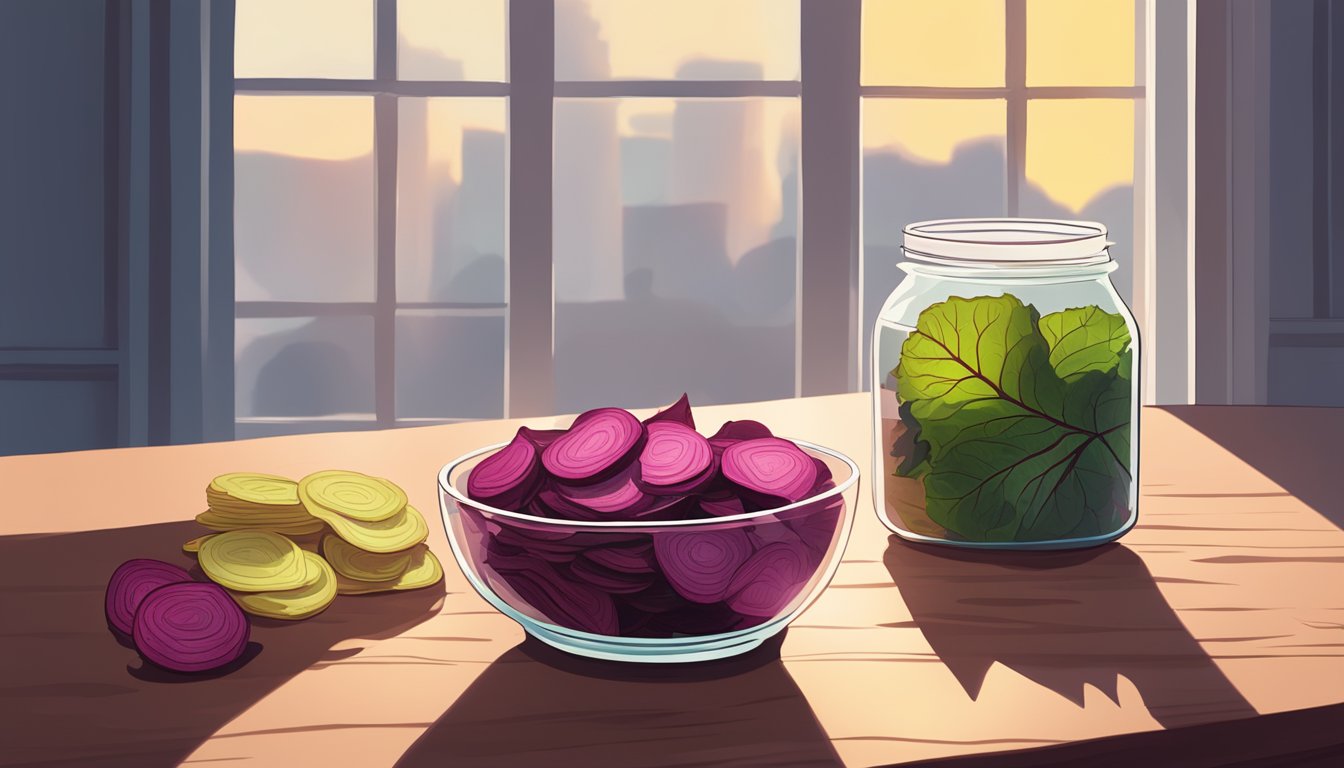 A glass bowl filled with crispy beet leaf chips sits on a wooden table next to a jar of pickled beet slices. Sunlight streams through a nearby window, casting a warm glow on the scene