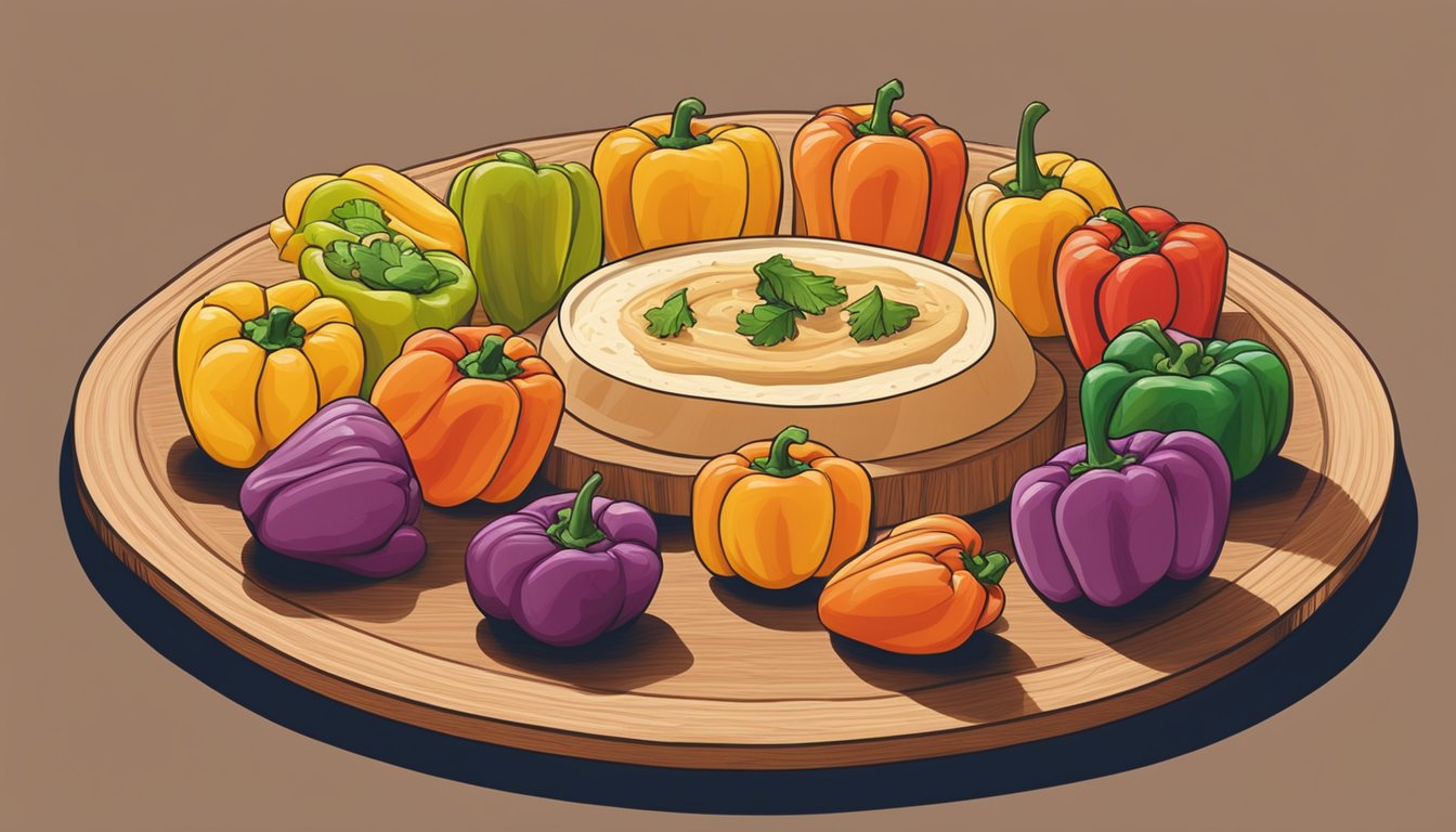 A colorful array of bell peppers filled with different shades of hummus arranged in a circular pattern on a wooden cutting board