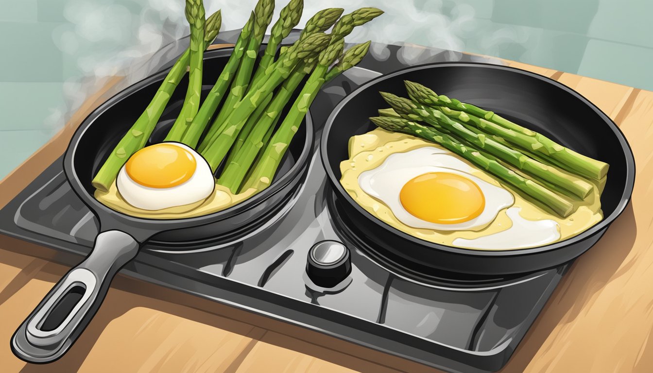 A sizzling skillet with asparagus and egg mixture cooking in a kitchen setting