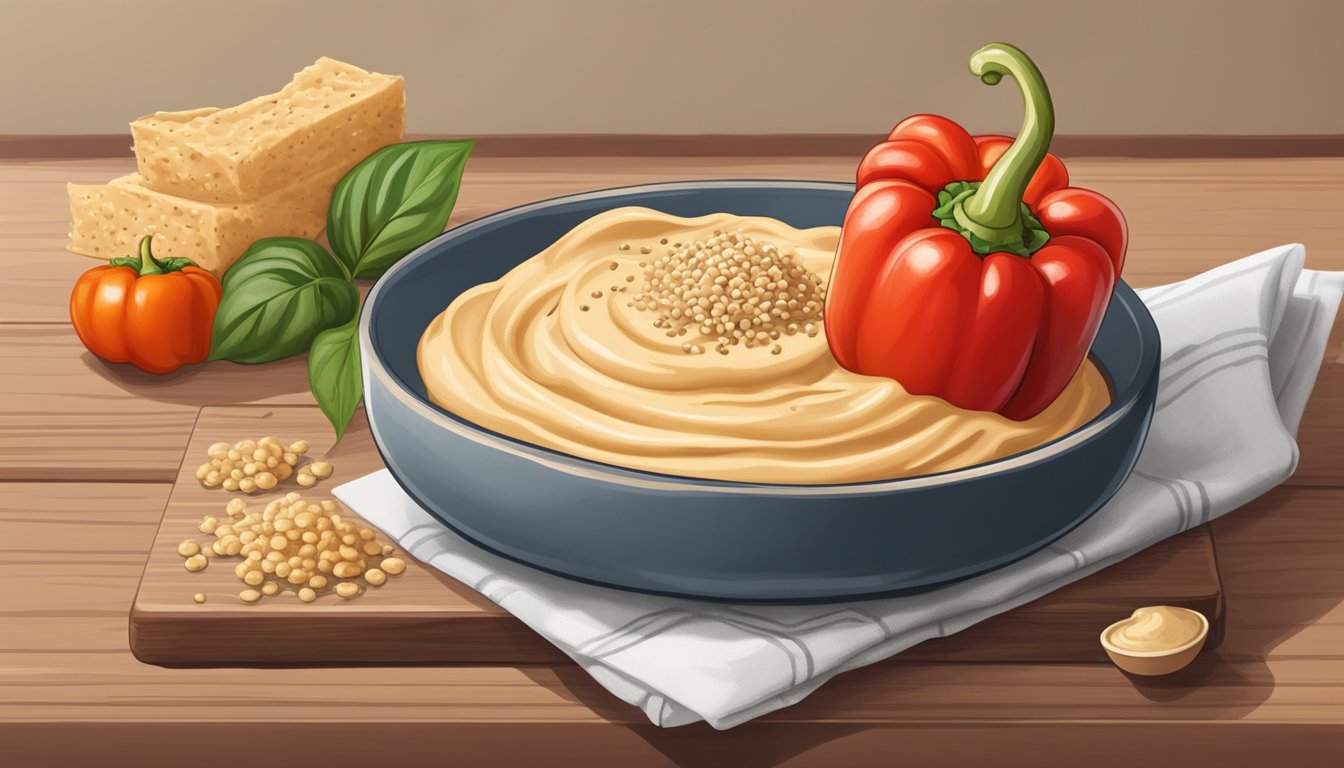 A vibrant red bell pepper sits on a wooden cutting board, surrounded by a bowl of creamy hummus and a scattering of sesame seeds