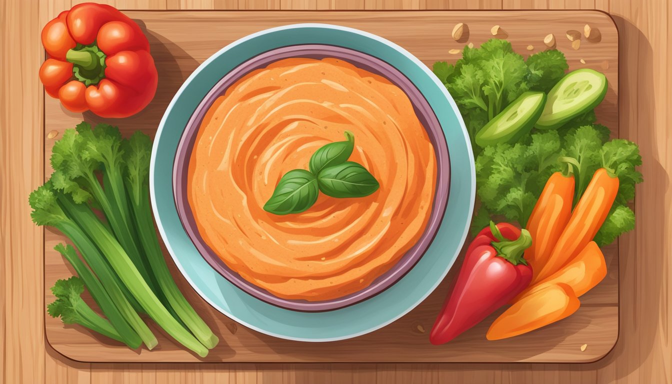 A bowl of vibrant red bell pepper hummus surrounded by fresh vegetable slices on a wooden serving board