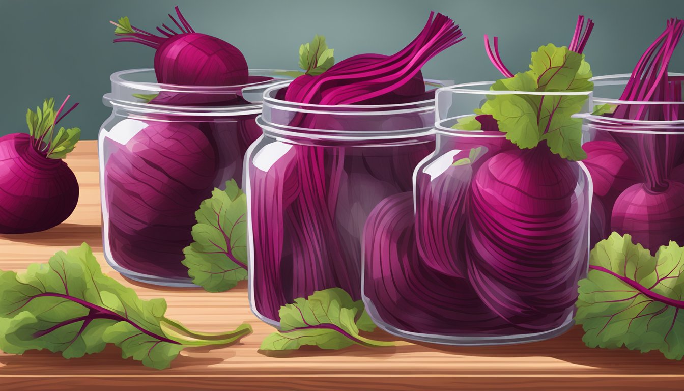 A glass jar filled with sliced beet stems submerged in a liquid, sitting on a wooden table