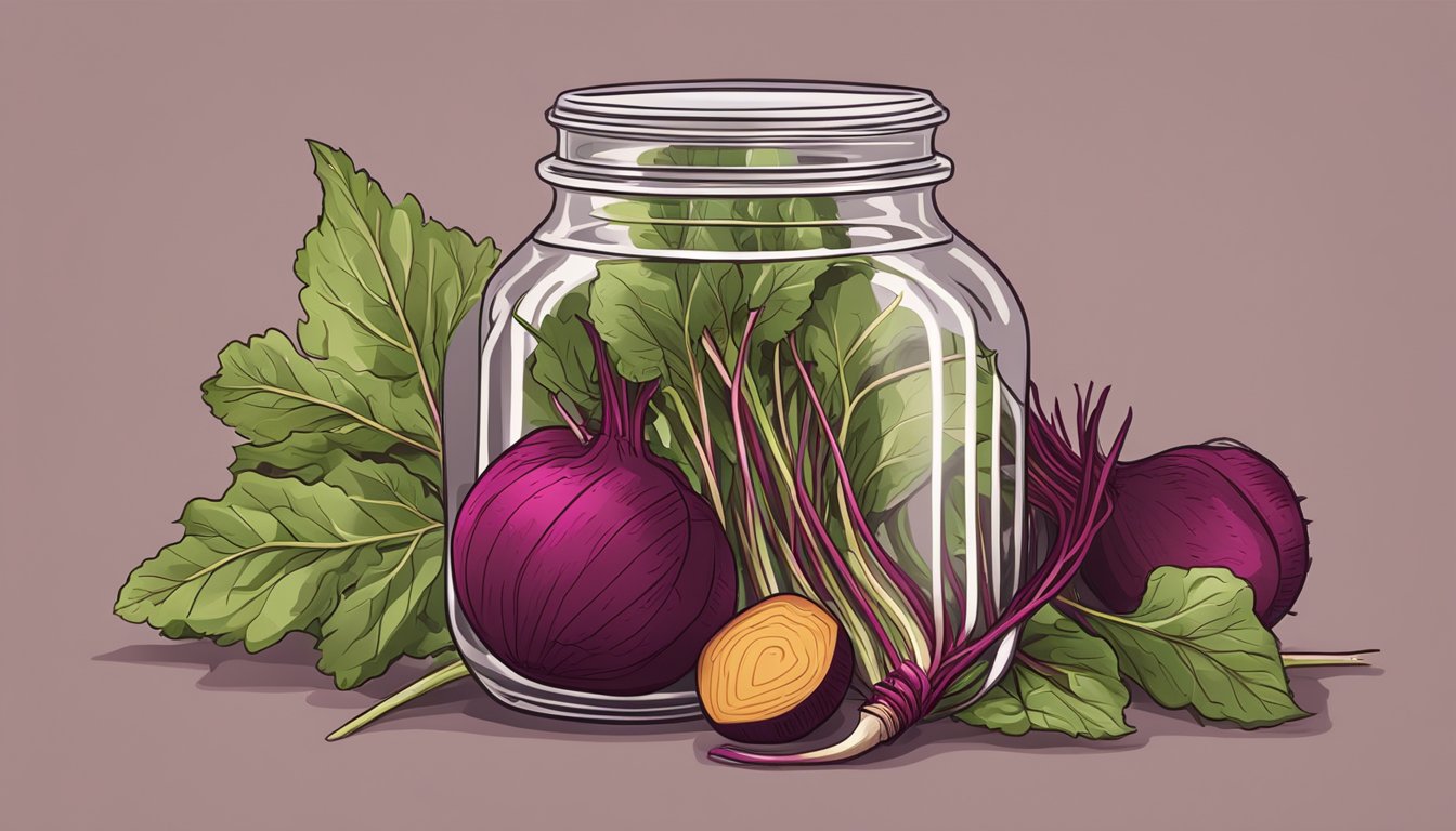 A glass jar filled with beet stem kvass surrounded by fresh beet stems and leaves