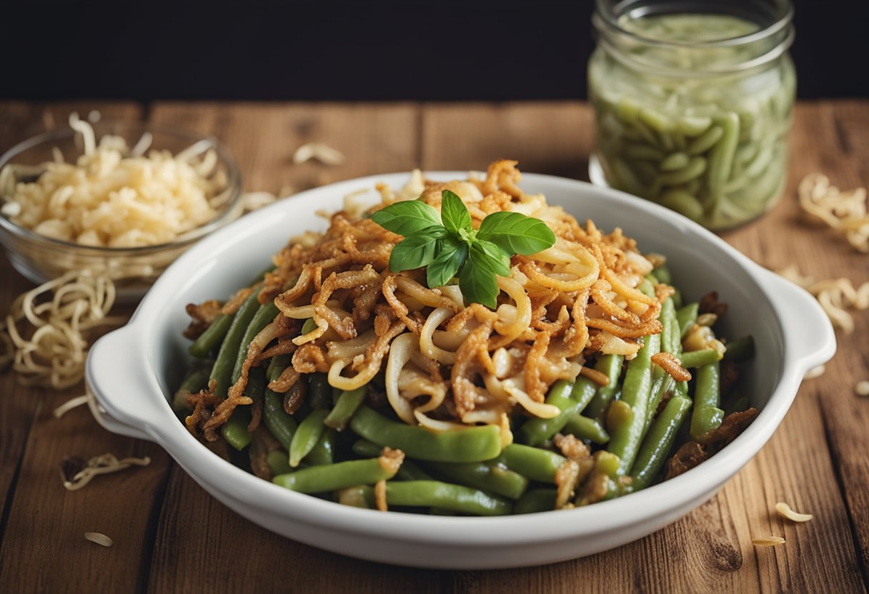 A bubbling dish of vegan green bean casserole, topped with crispy fried onions, sits on a rustic wooden table