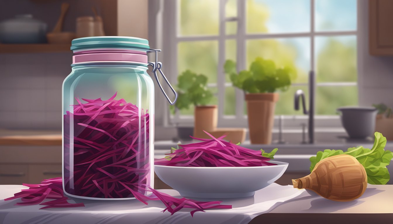 A glass jar filled with chopped beet stems and liquid, covered with a cloth and left to ferment on a kitchen counter