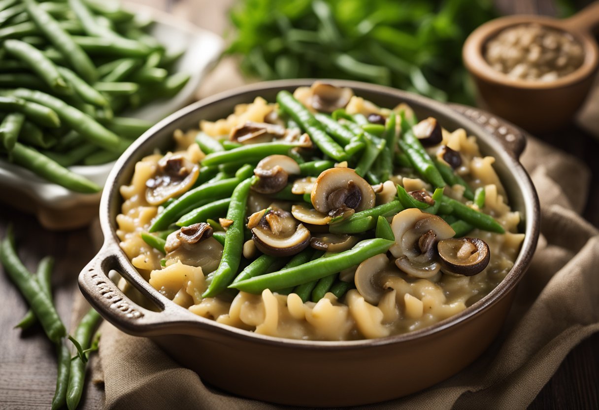 A steaming dish of vegan green bean casserole surrounded by fresh green beans, mushrooms, and a creamy, golden sauce