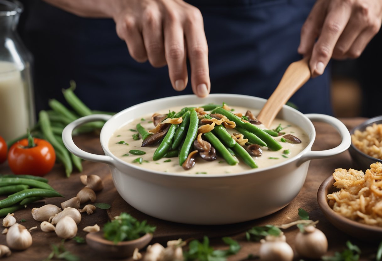 A chef mixing vegan cream of mushroom soup with fresh green beans and crispy fried onions in a casserole dish