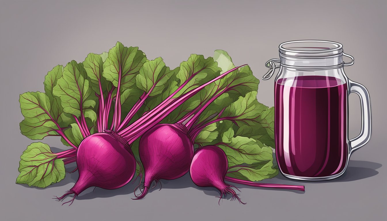 A glass jar filled with beet stem kvass surrounded by fresh beet stems and other supplies