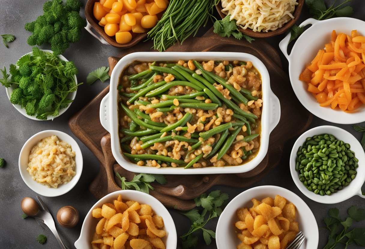 A bubbling casserole dish filled with green beans, creamy vegan sauce, and crispy fried onions on top, surrounded by fresh herbs and colorful vegetables