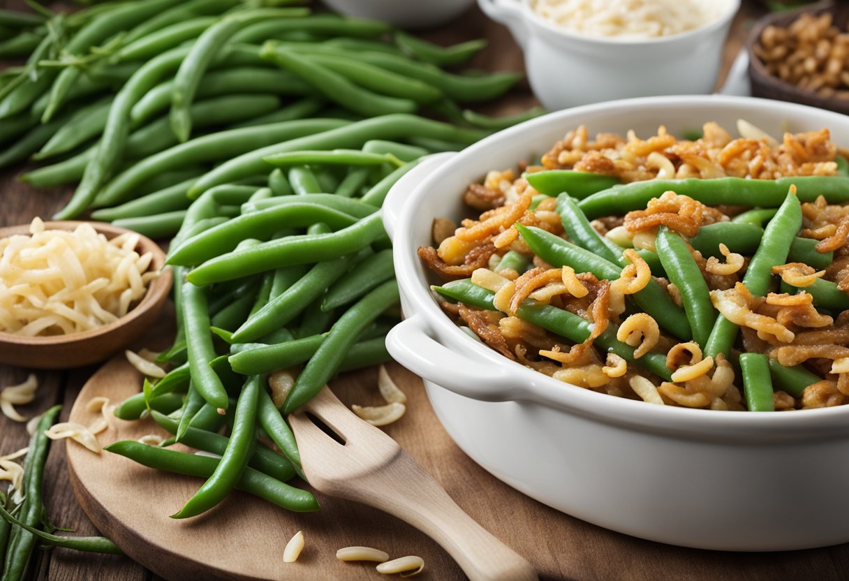 A rustic wooden table with a steaming vegan green bean casserole in a ceramic dish, surrounded by fresh green beans and crispy fried onions