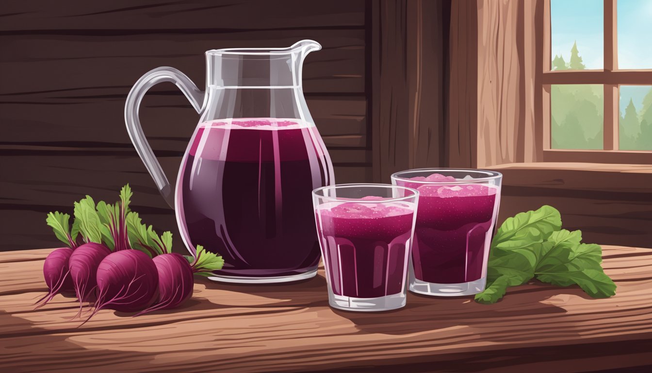 A glass pitcher filled with beet stem kvass sits on a rustic wooden table, surrounded by fresh beets and a few empty glasses