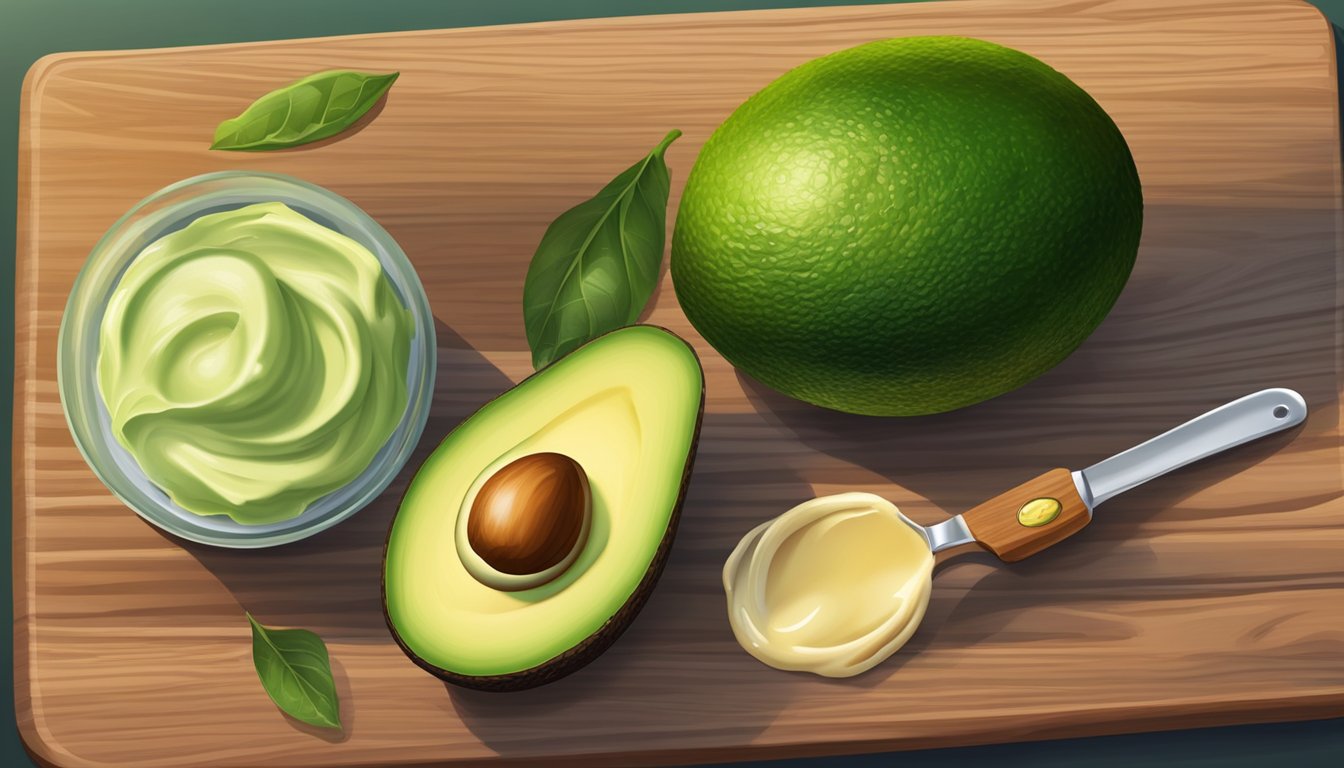 A ripe avocado sits on a wooden cutting board, its pit removed and a dollop of creamy crema spooned into the hollowed-out center