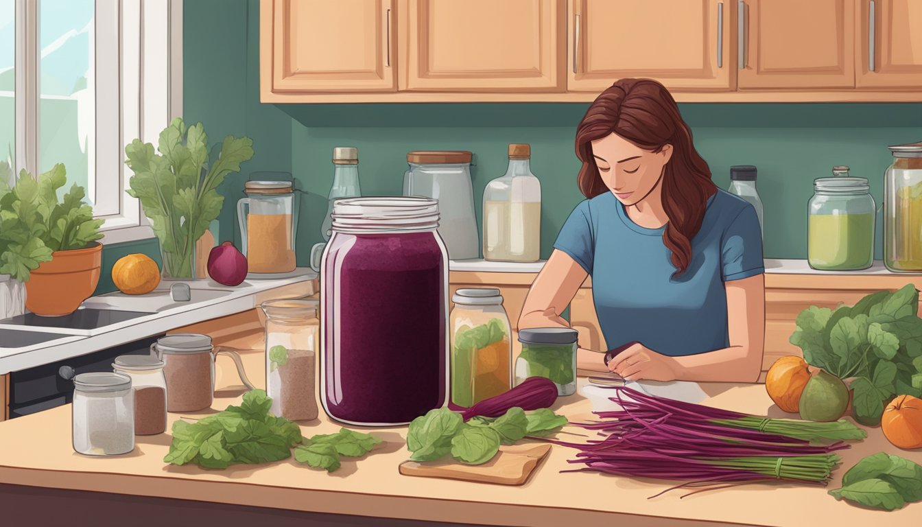 A jar of beet stem kvass sits on a kitchen counter, surrounded by various ingredients and utensils. A person looks at a list of common troubleshooting issues for making the drink