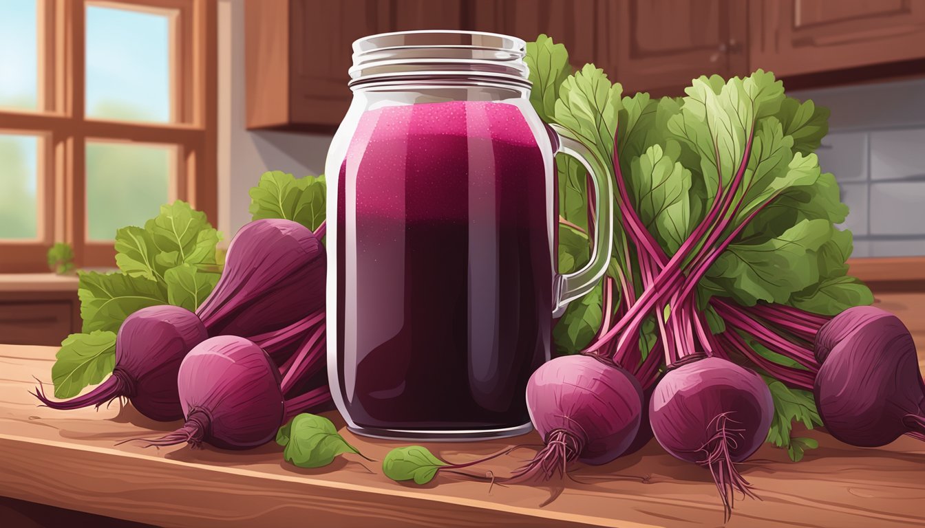 A glass jar filled with beet stem kvass surrounded by fresh beets and herbs on a wooden kitchen counter