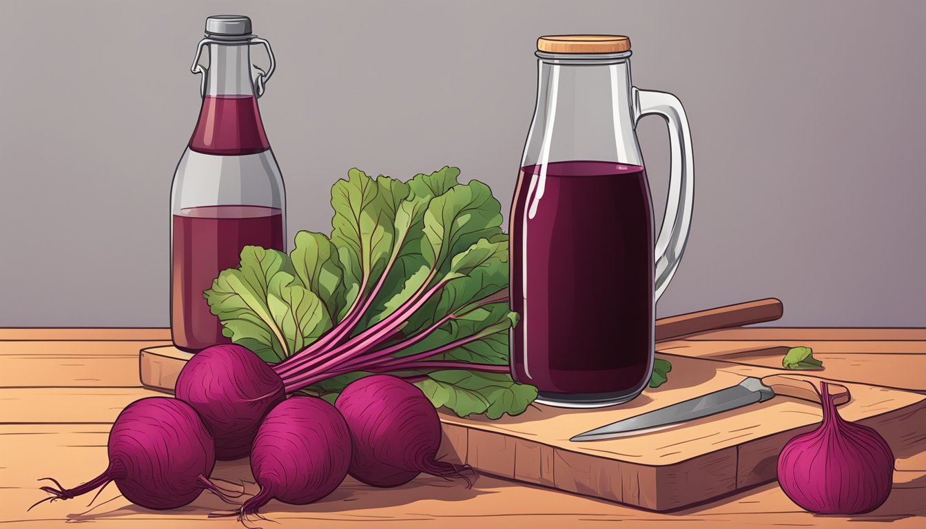 A glass of beet stem kvass next to a bottle, surrounded by fresh beets and a cutting board with a knife