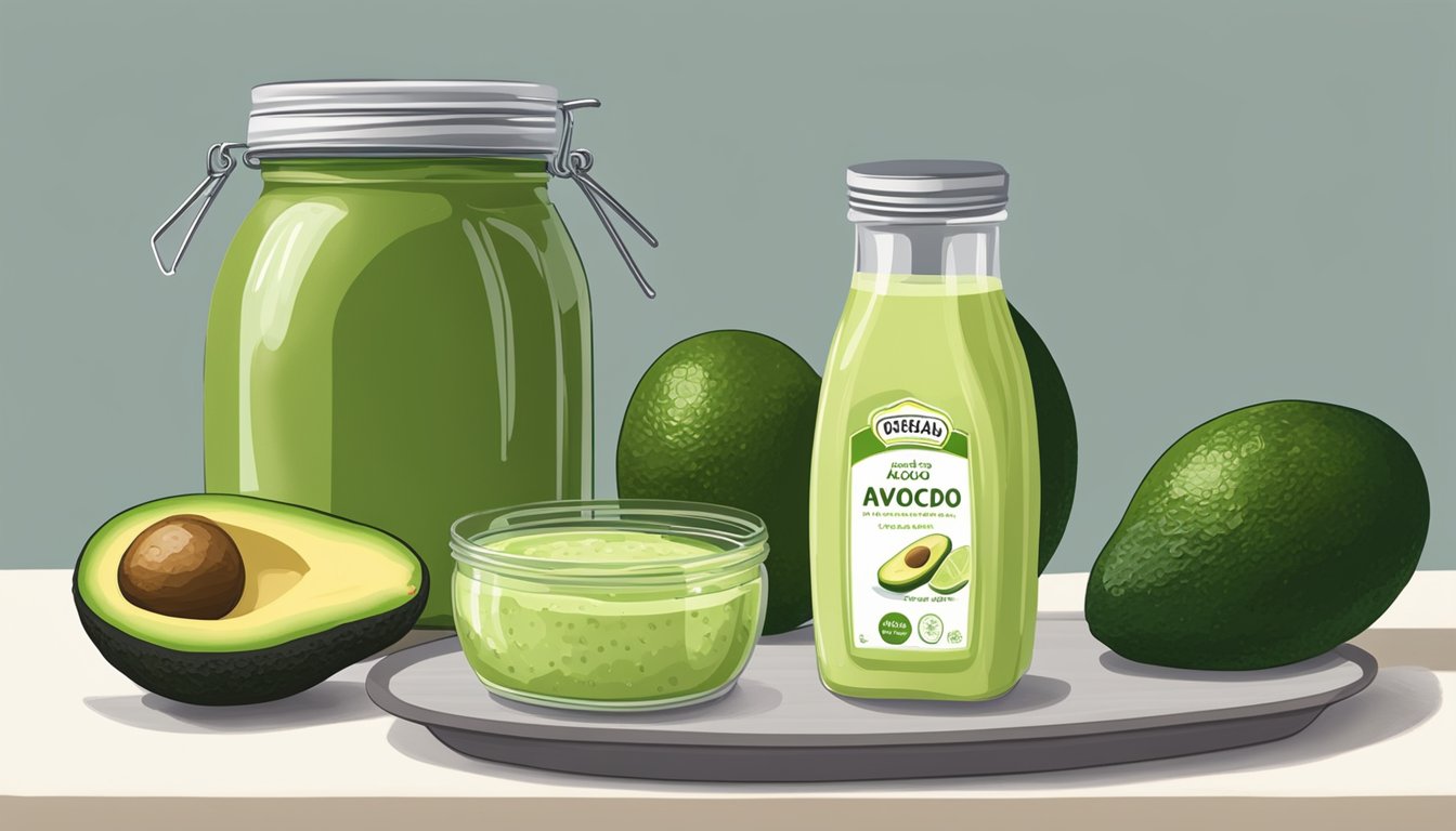 A small jar of avocado pit crema sits on a shelf next to a basket of ripe avocados and a bowl of fresh lime juice