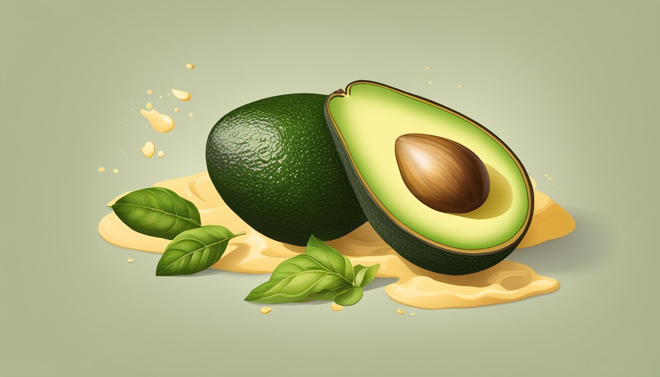 A ripe avocado with a pit, surrounded by ingredients for making crema