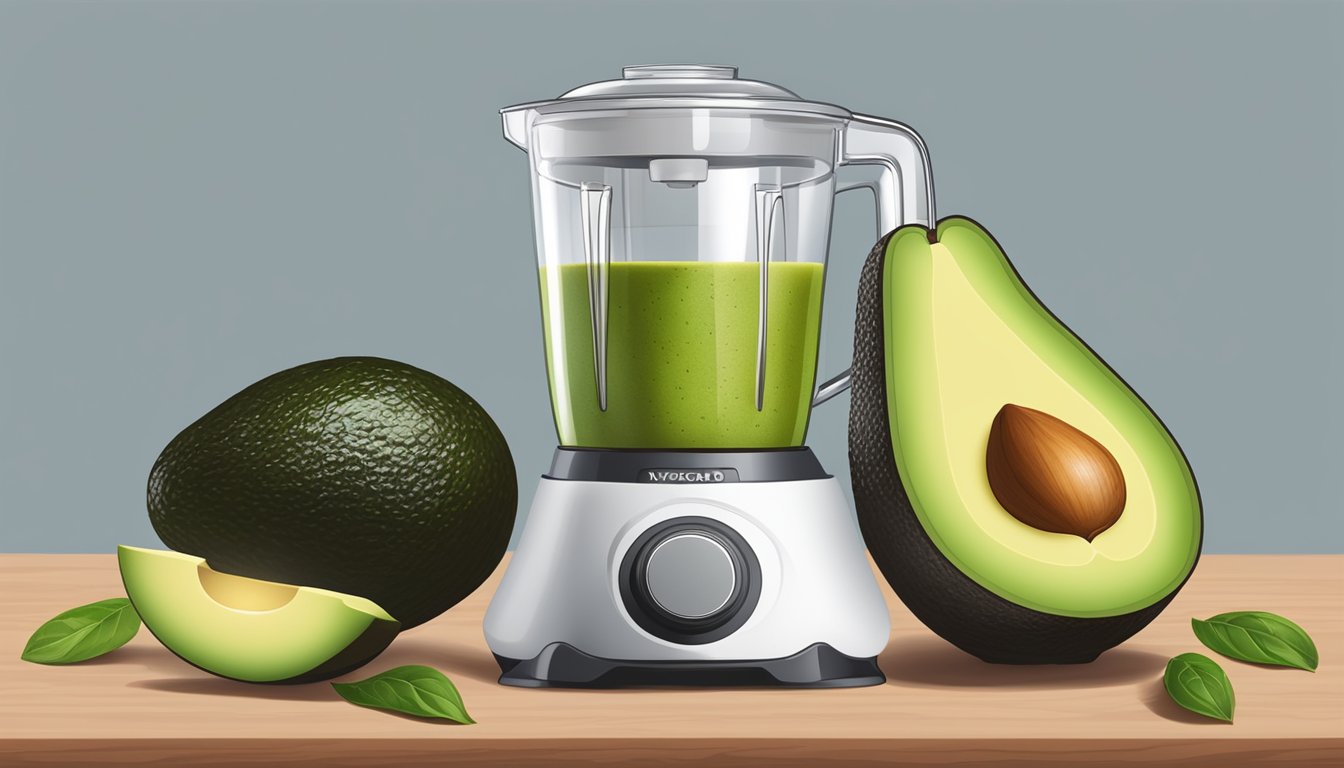 A ripe avocado with a large pit surrounded by fresh ingredients and a blender to make the avocado pit crema