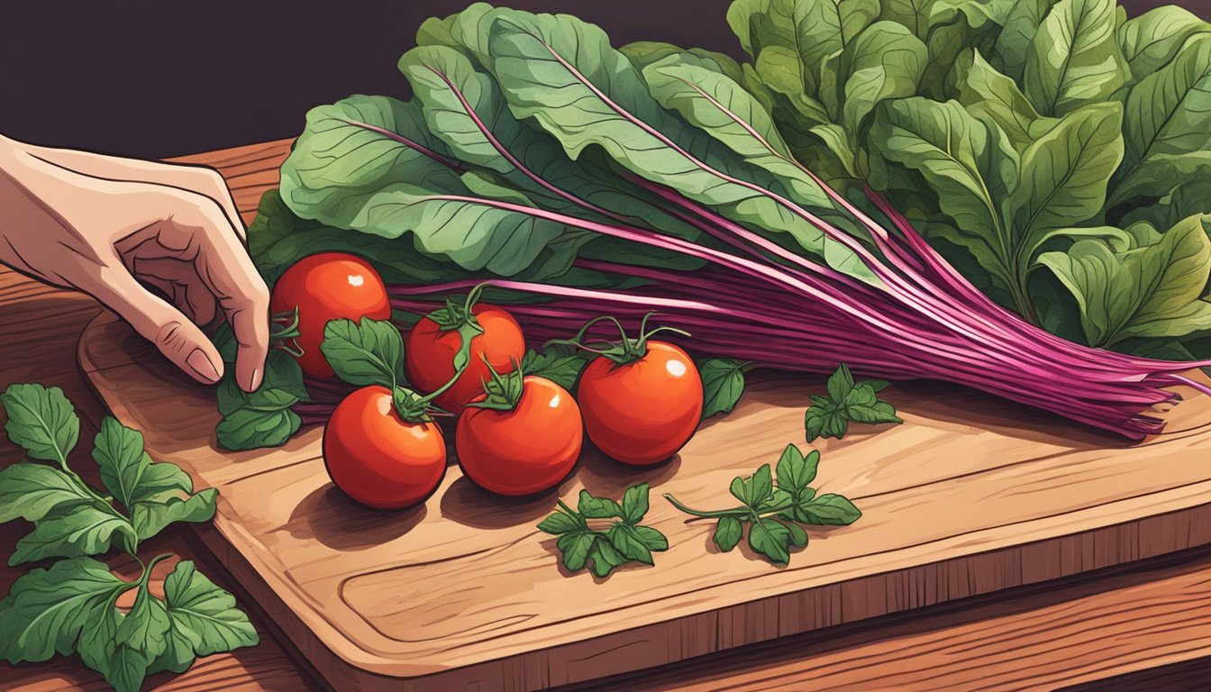 A hand reaching for vibrant beet leaves, fresh herbs, and ripe tomatoes on a wooden cutting board