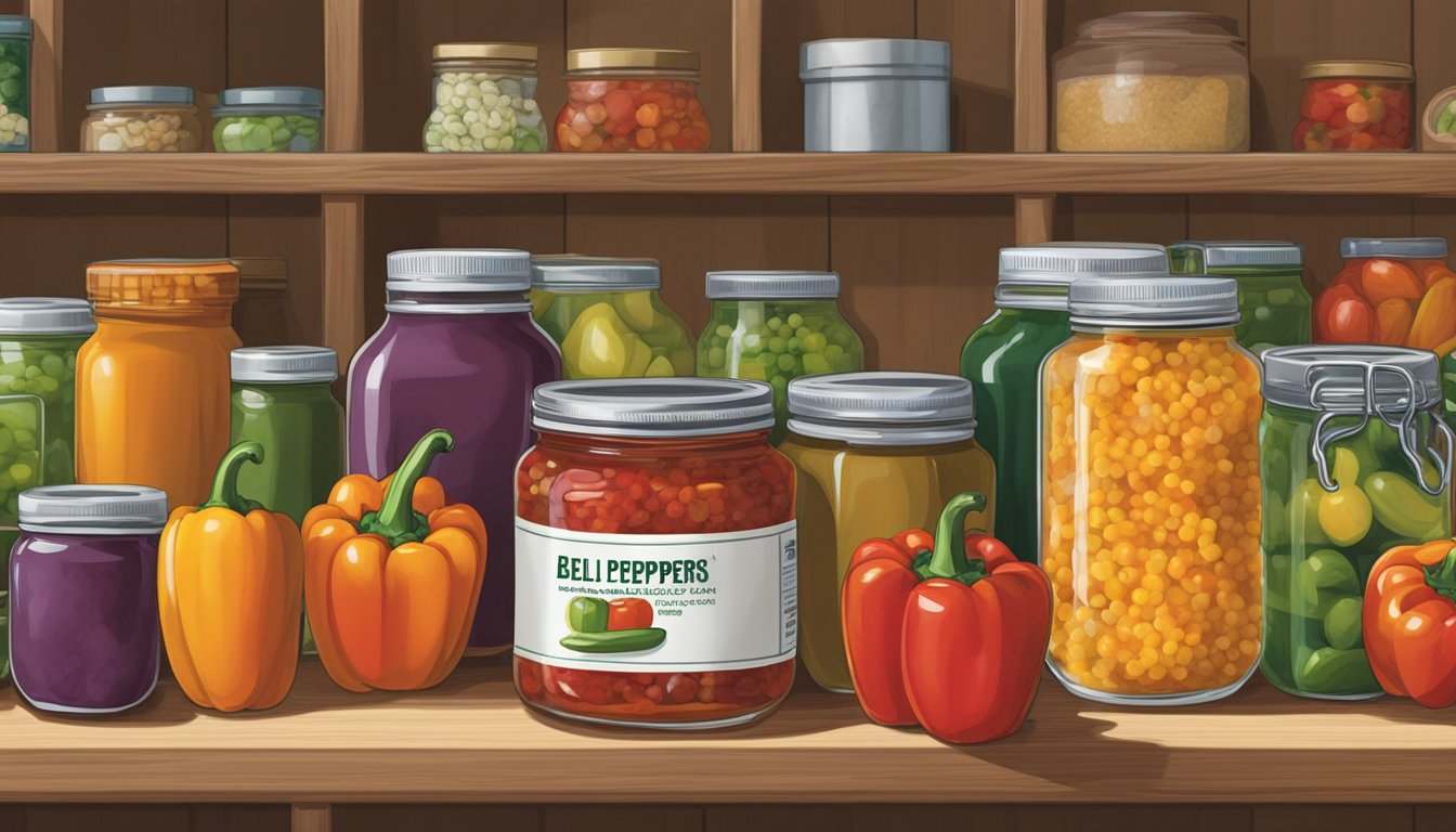 A jar of bell pepper relish sits on a shelf in a pantry, surrounded by other canned goods and safety equipment