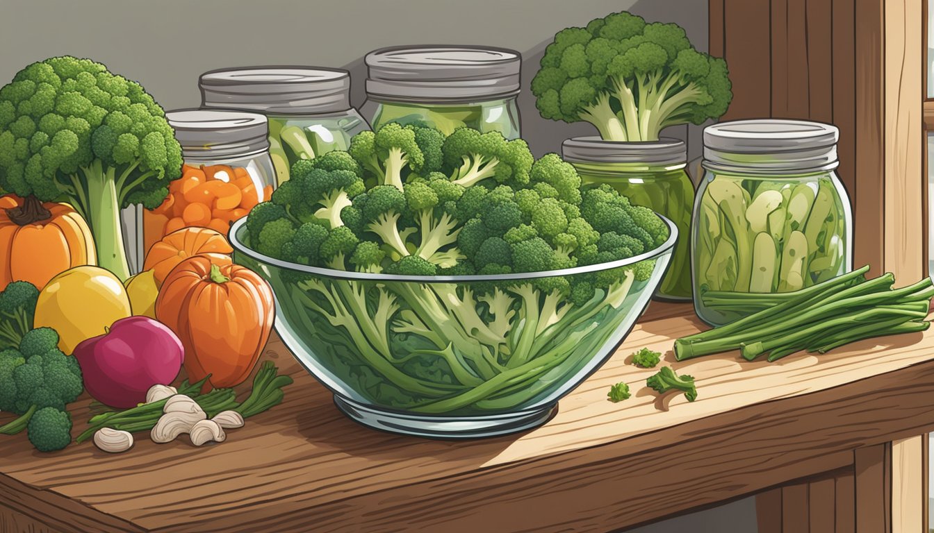 A glass bowl filled with broccoli stem slaw sits on a wooden shelf, surrounded by fresh produce and jars of pickled vegetables