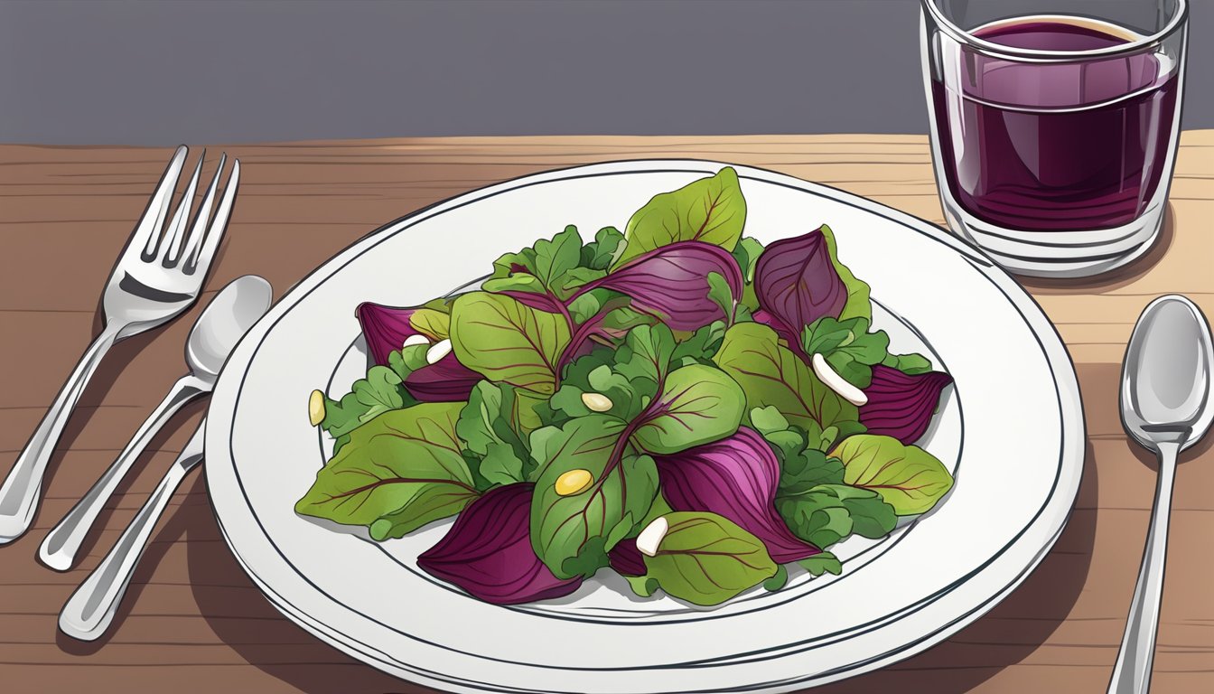 A colorful beet leaf salad arranged on a white plate with a side of balsamic vinaigrette in a small glass pitcher