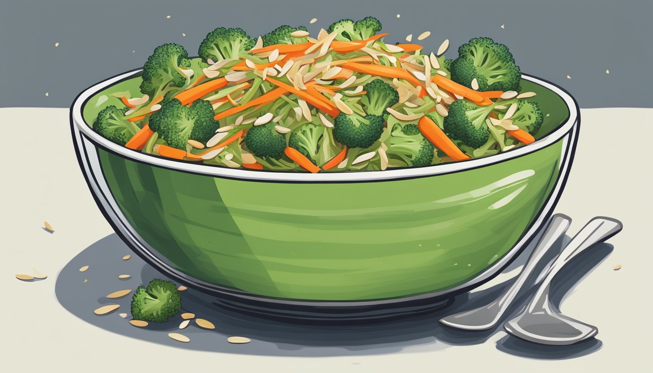 A colorful bowl of broccoli stem slaw, with shredded stems, carrots, and a tangy dressing, topped with a sprinkle of sunflower seeds