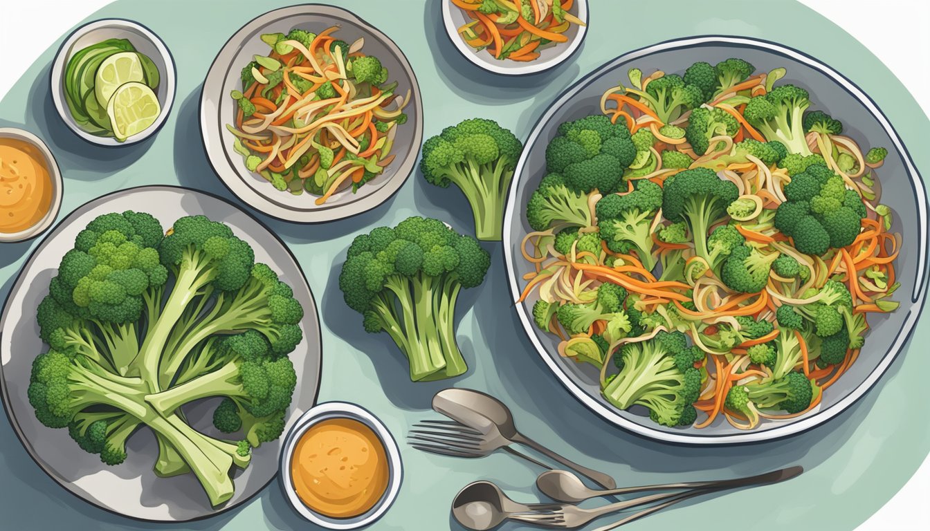 A bowl of colorful broccoli stem slaw next to a variety of main dishes