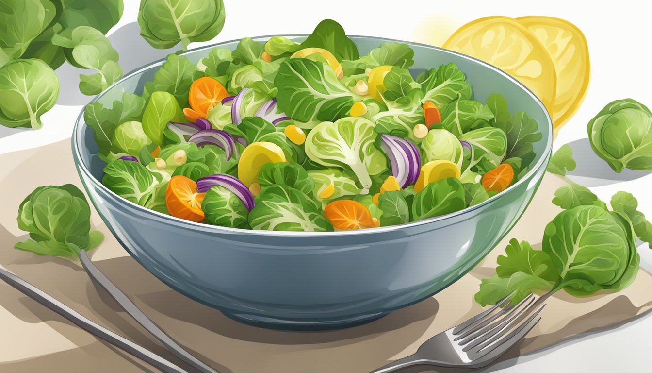 A bowl of brussels sprout leaf salad with colorful vegetables and a light vinaigrette dressing