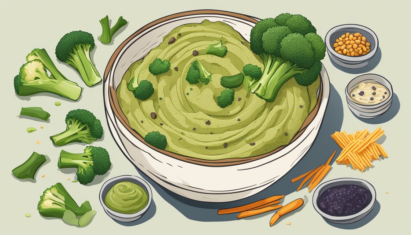 A bowl of broccoli stem hummus surrounded by various flavorings and toppings