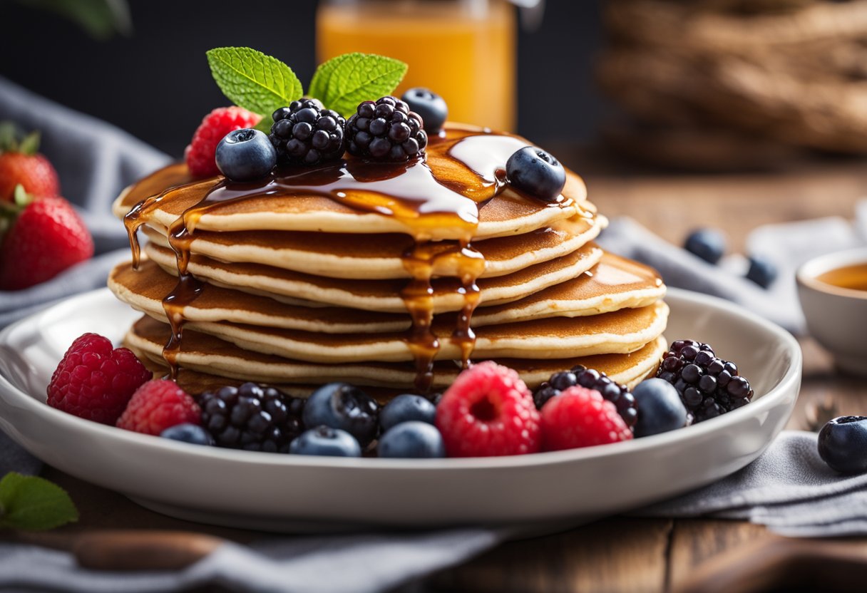 A stack of golden vegan pancakes topped with fresh berries and drizzled with maple syrup on a rustic wooden table