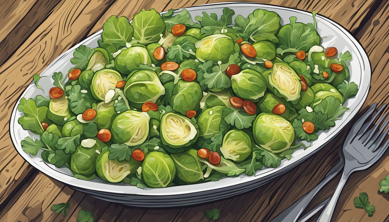 A vibrant bowl of brussels sprout leaf salad, tossed with colorful ingredients and drizzled with a zesty dressing, sits on a rustic wooden table