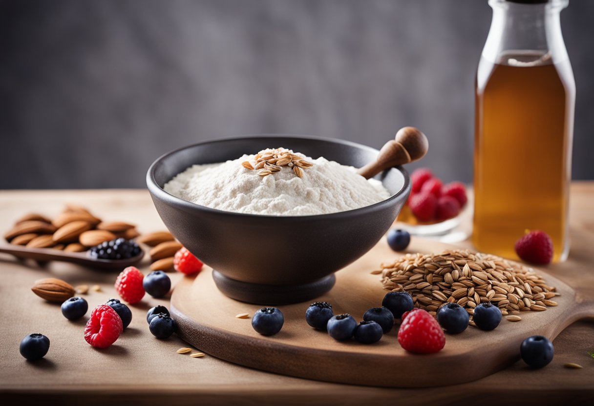 Vegan Pancake Recipe: A mixing bowl filled with flour, almond milk, and flaxseed with a whisk, surrounded by fresh berries and a bottle of maple syrup