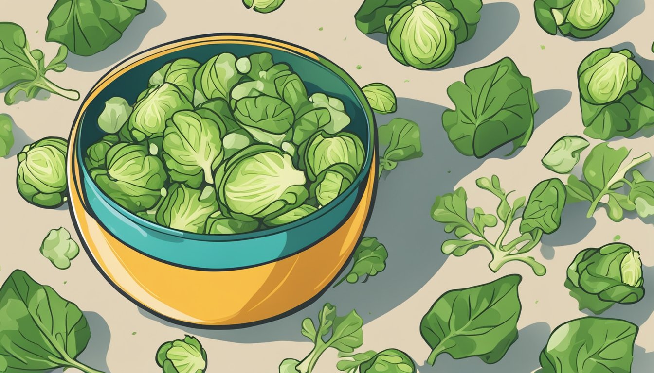 Fresh brussels sprout leaves washed and chopped, mixed with colorful ingredients in a large bowl, ready for tossing