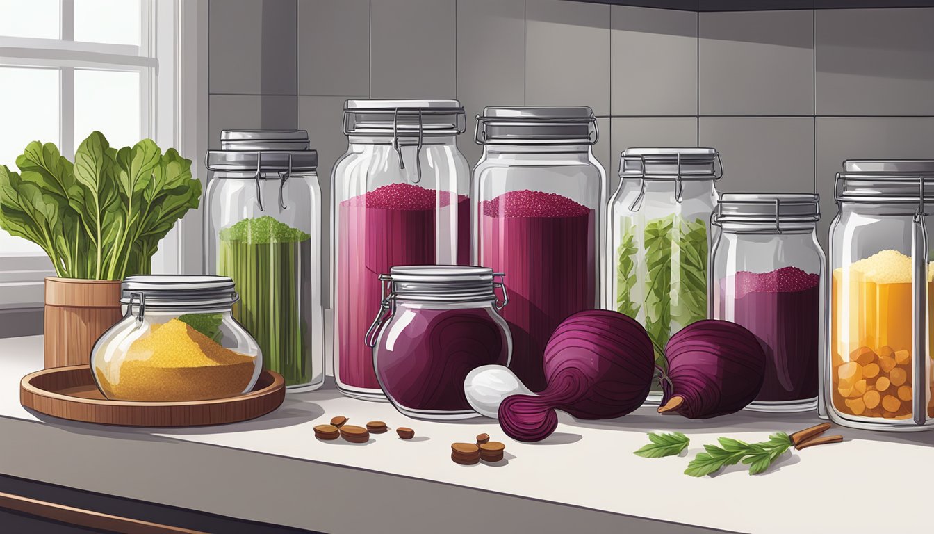 Beet stems, vinegar, salt, sugar, spices, and glass jars on a clean kitchen counter