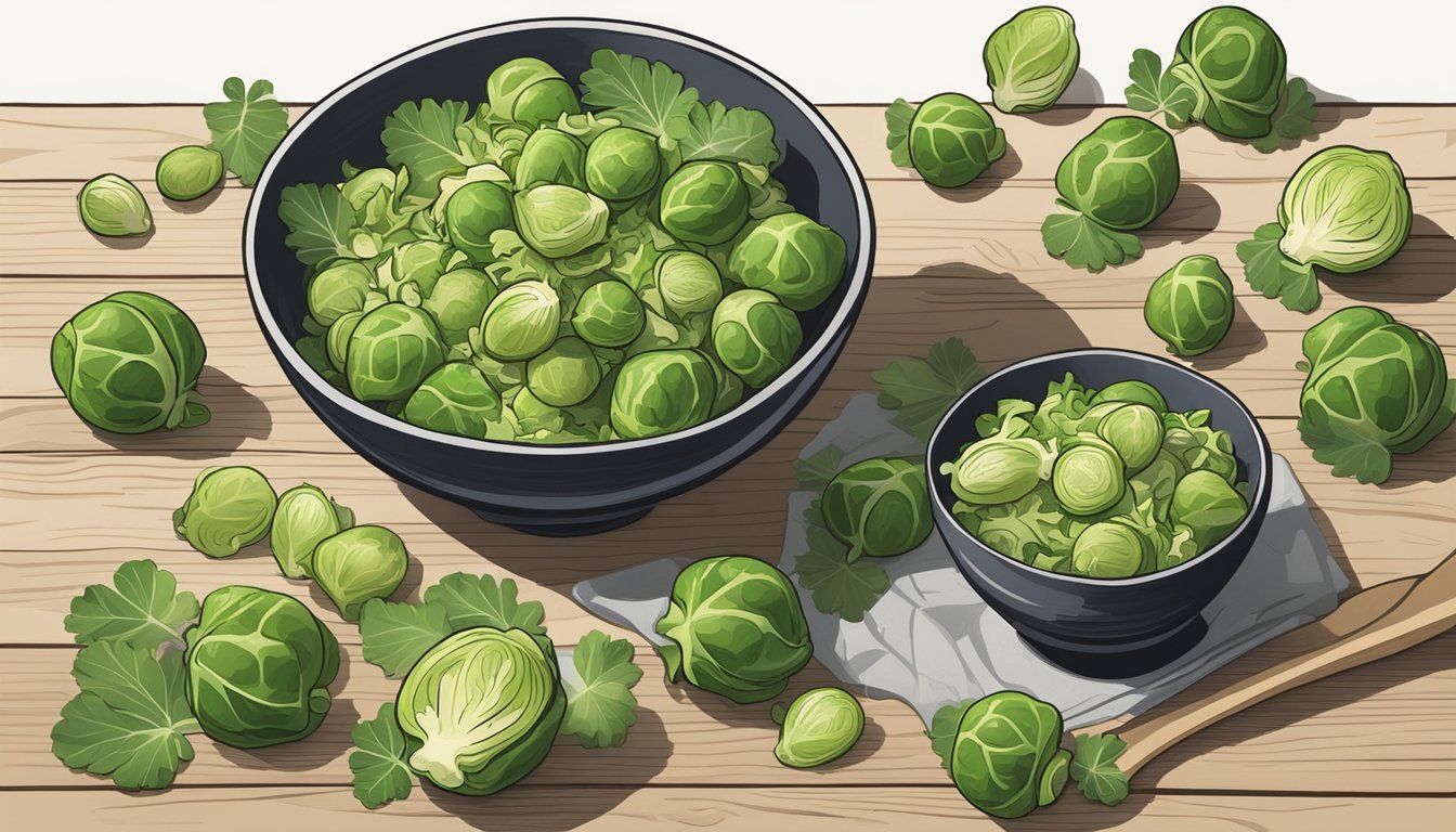 A rustic wooden table with a bowl of brussels sprout leaf salad surrounded by scattered leaves and a few whole brussels sprouts