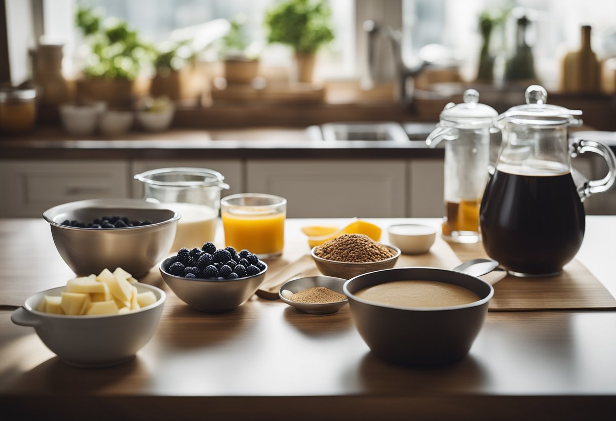 A kitchen counter with a mixing bowl, measuring cups, and ingredients for vegan pancakes