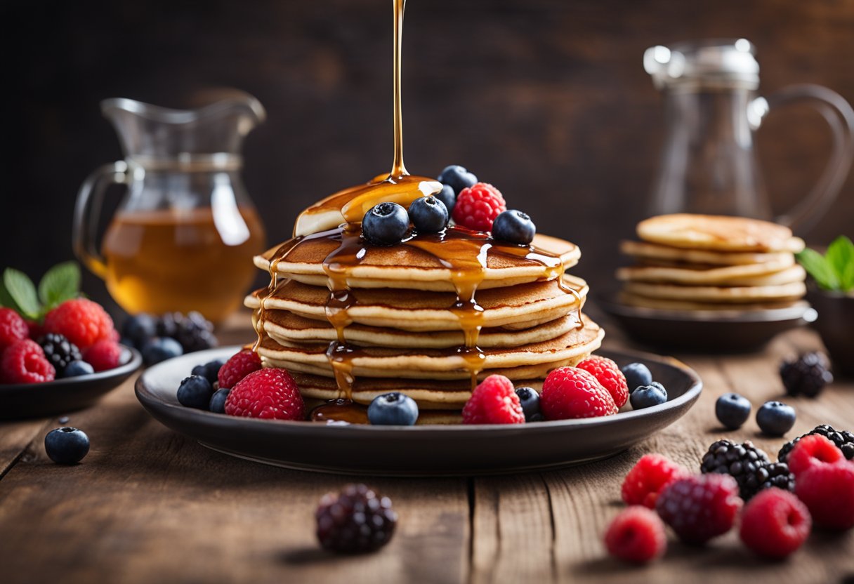 A stack of golden vegan pancakes topped with fresh berries and drizzled with maple syrup on a rustic wooden table