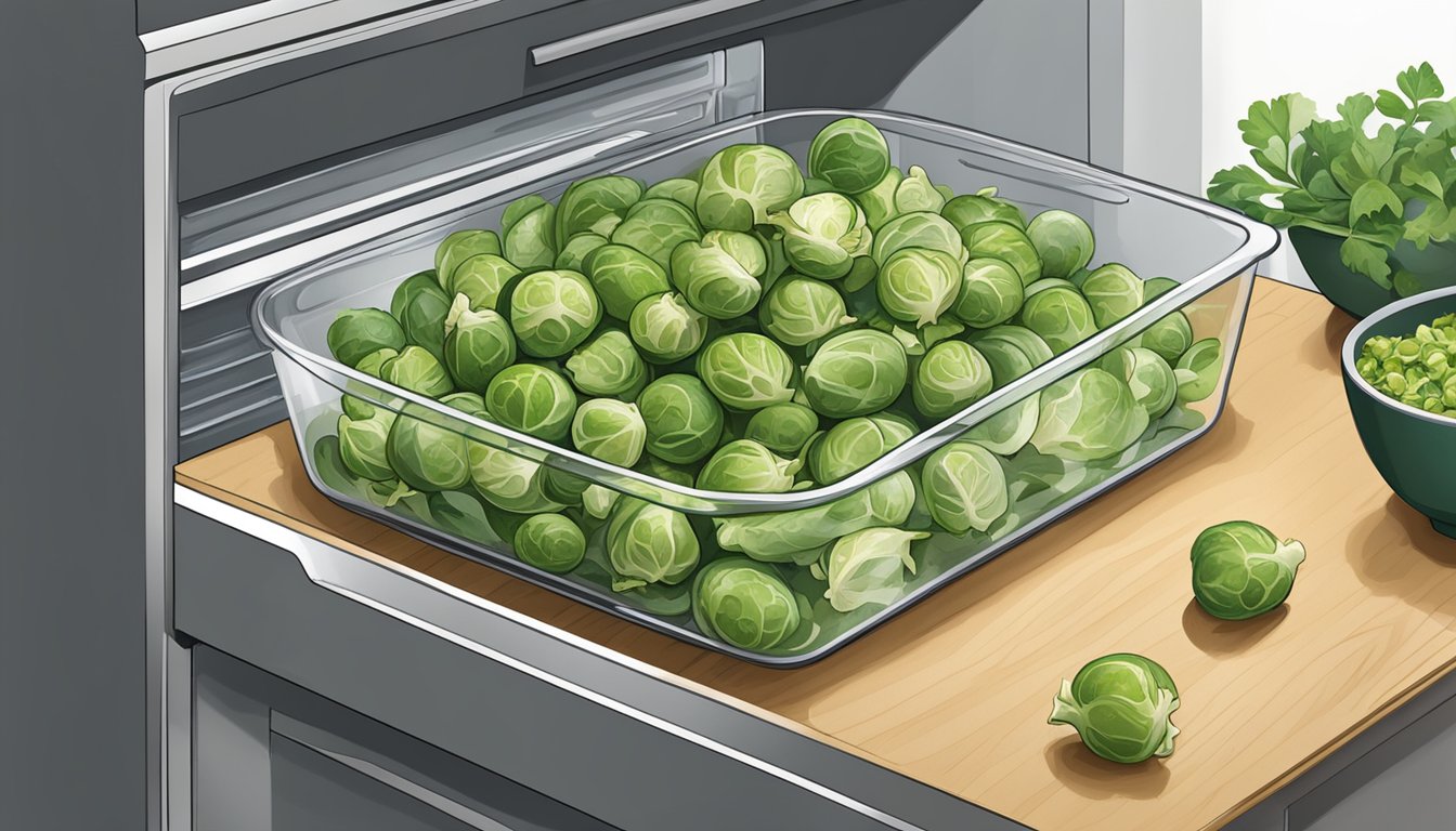 A bowl of brussels sprout leaf salad being stored in a refrigerator drawer