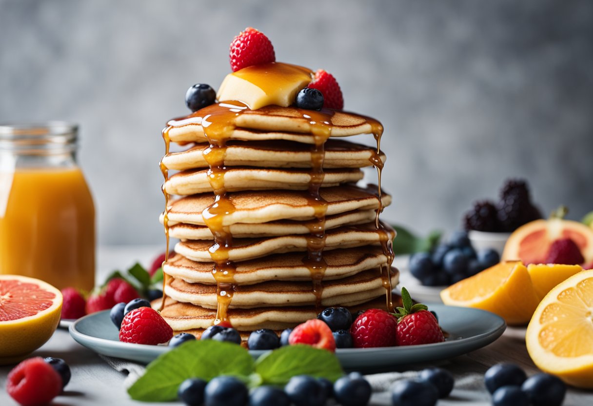 A stack of vegan pancakes surrounded by fresh fruit and a drizzle of maple syrup