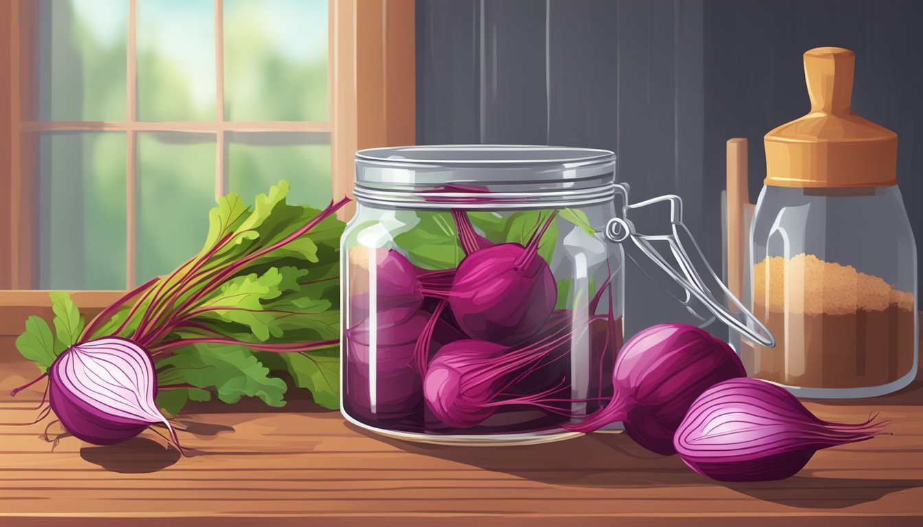 Beet stems submerged in vinegar, salt, and spices in a glass jar on a wooden table. A pot with boiling brine on a stove