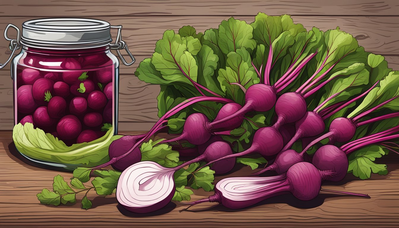 A jar of beet stem pickles surrounded by fresh beets and vibrant green beet stems on a rustic wooden table