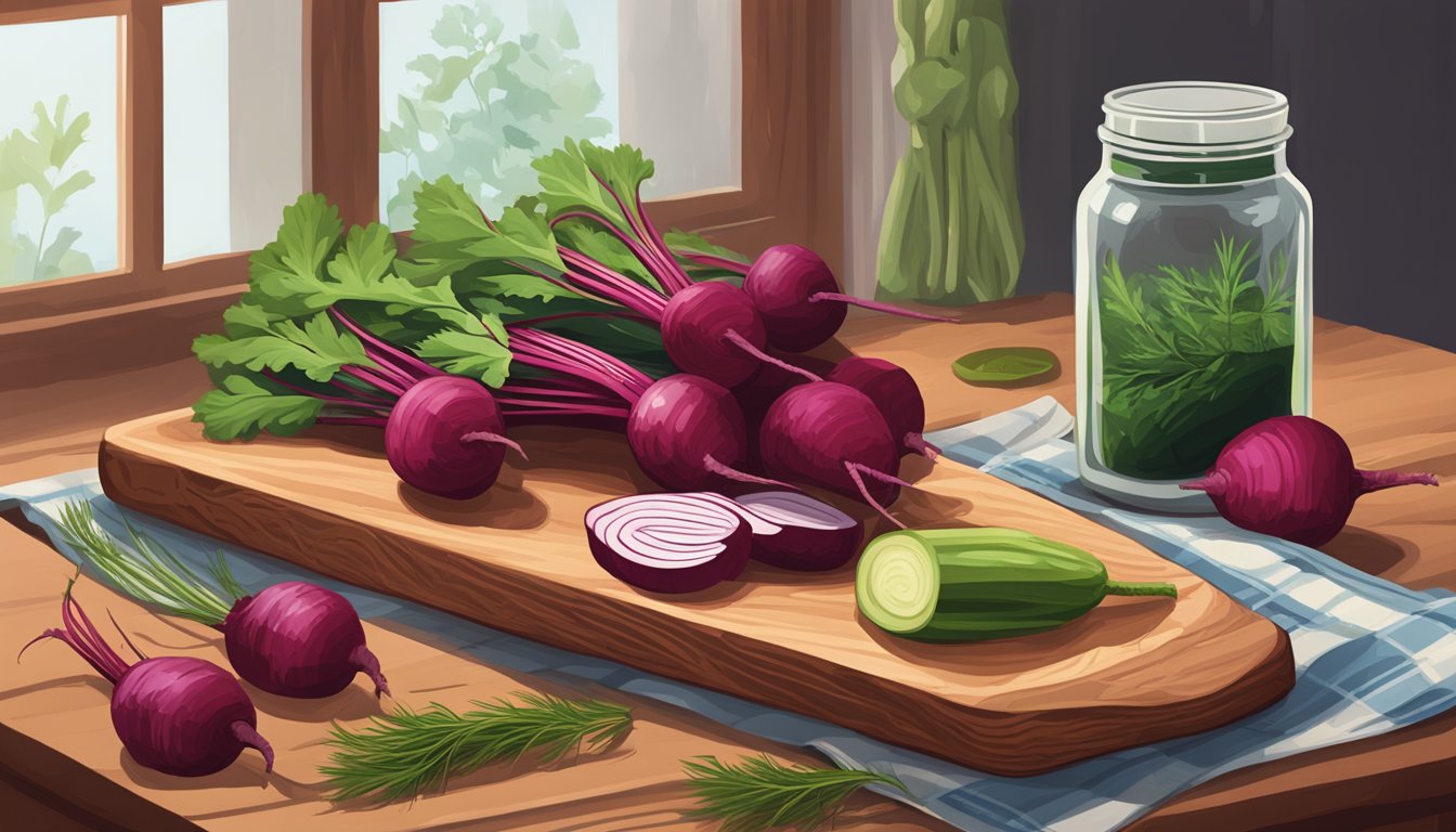 A rustic wooden cutting board holds a jar of beet stem pickles, surrounded by fresh beets and dill sprigs. A small dish of pickles sits nearby