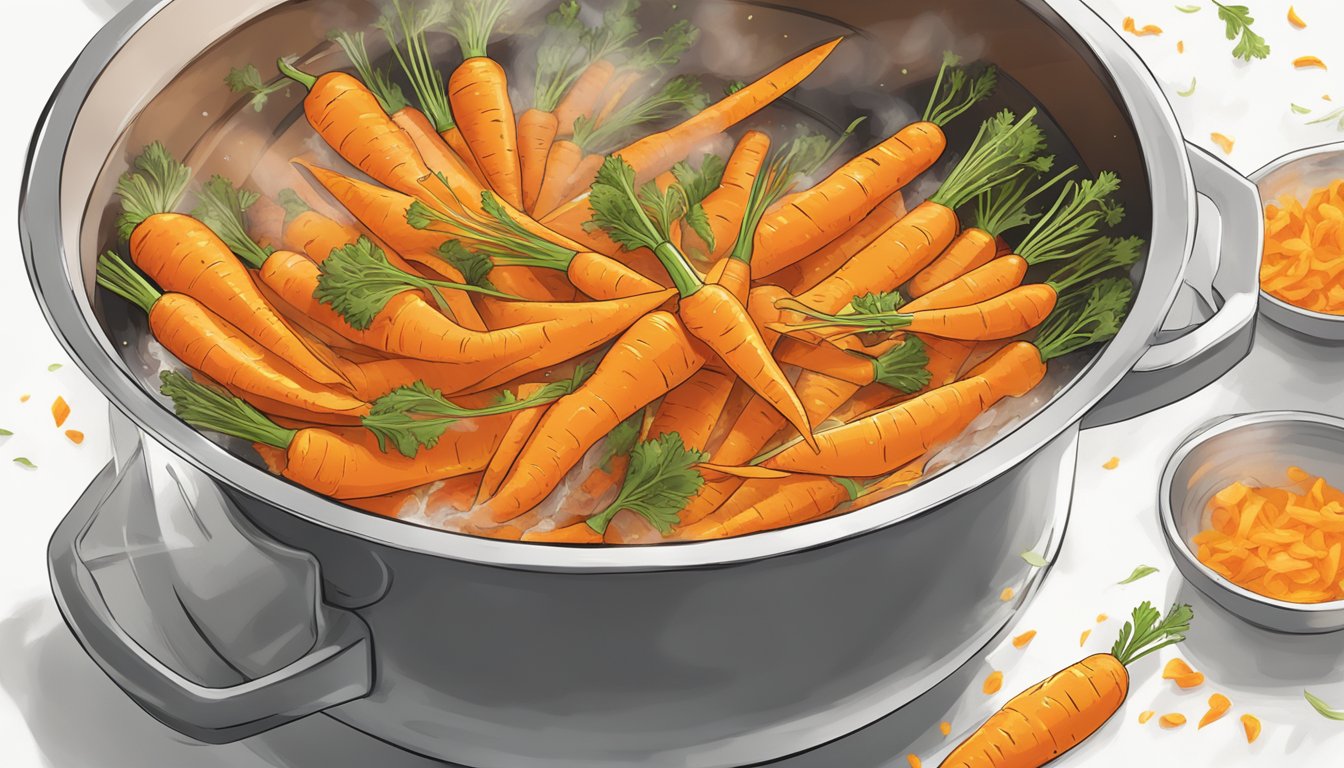 Carrot peels steeping in a pot of boiling water, releasing their vibrant orange color and earthy aroma