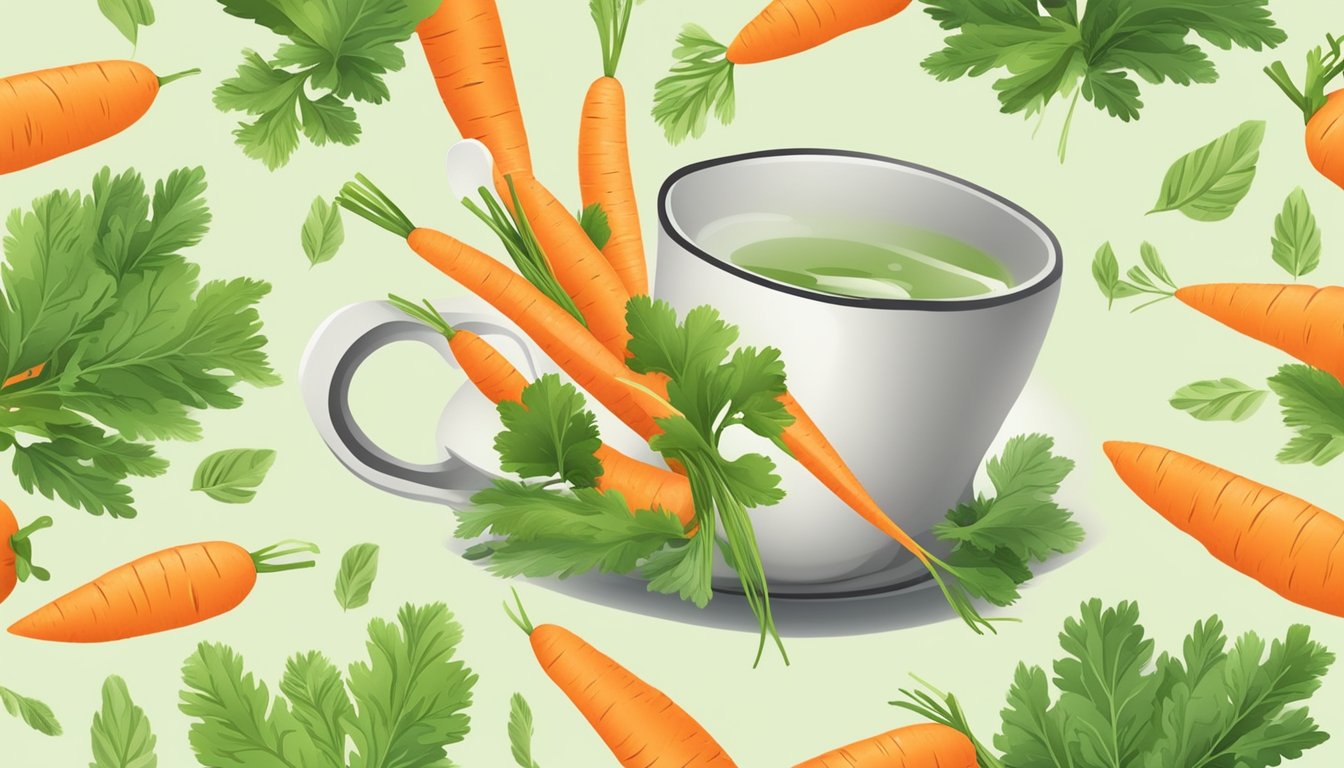 A steaming mug of carrot peel tea surrounded by fresh carrots and a scattering of green leaves