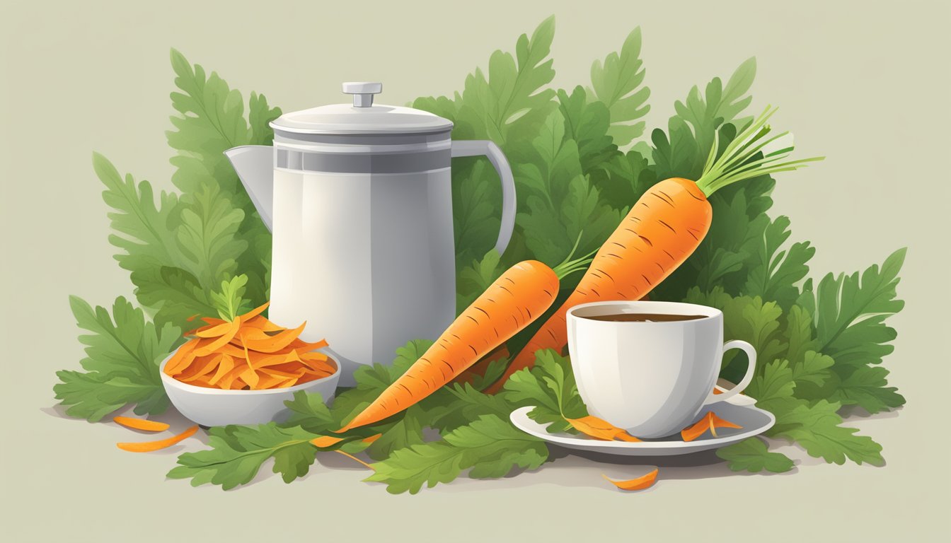 A pile of carrot peels arranged next to a steaming cup of tea, surrounded by green leaves and a compost bin